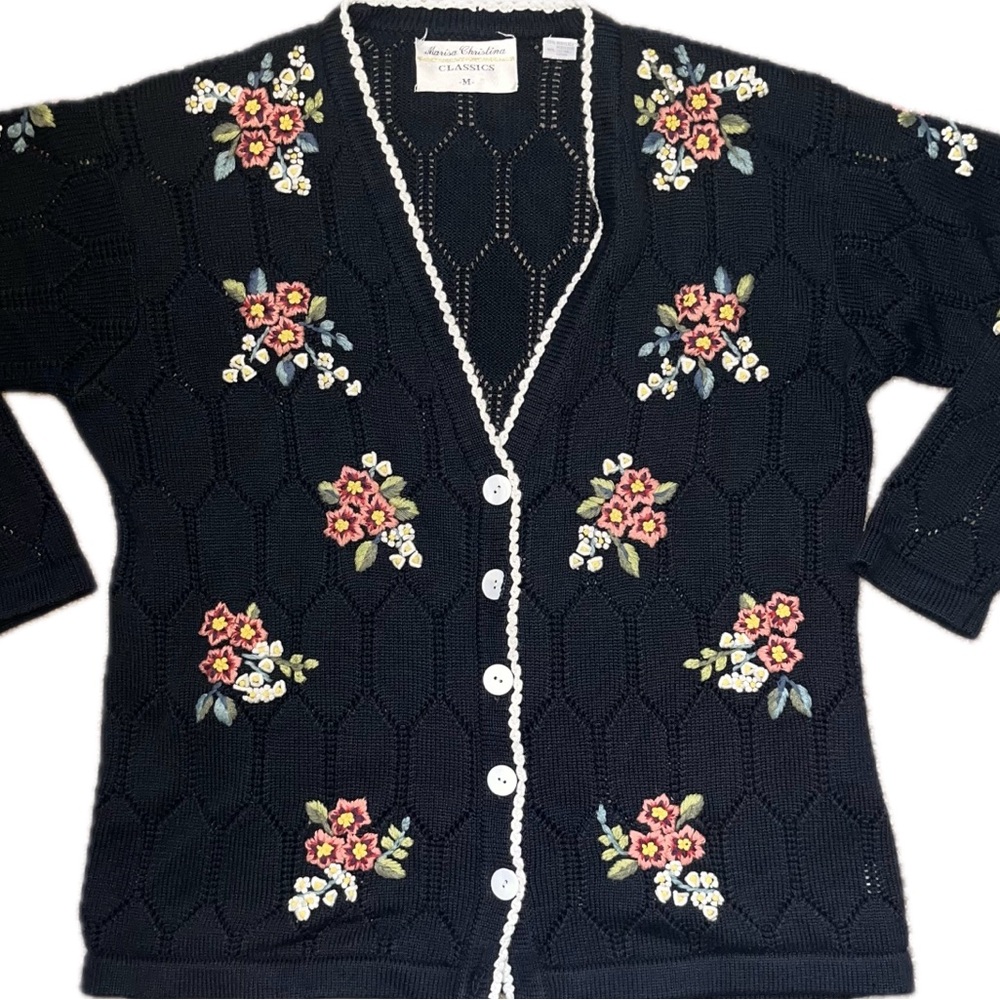 Marisa‎ Christina Floral Embroidered Knit Cardigan Black Cottagecore Vintage M - Picture 6 of 12